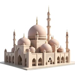 Architectural Marvel: A Detailed 3D Model of a Grand Mosque with Multiple Domes, Minarets, and Intricate Details against a Pristine White Background