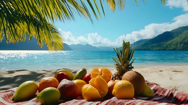Exotic fruits scattered across a beach towel on a sunny tropical island