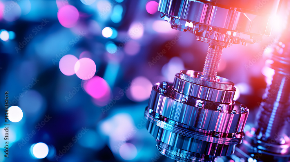 Poster a close-up of intricate metallic machinery with vibrant lights, showcasing engineering precision and