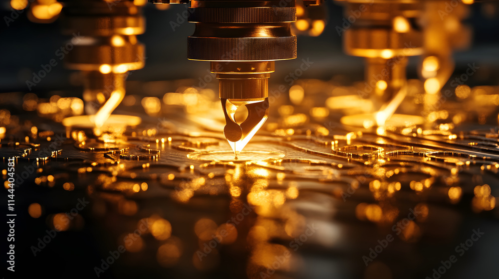 Poster a close-up of precise machinery applying golden materials onto a circuit board, illustrating advance
