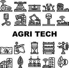 agri tech precision drones iot icons set vector. sensors robotics, automation data, analytics, ai, machine learning, blockchain agri tech precision drones iot black contour illustrations