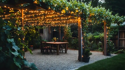 Fruits under a garden pergola adorned with hanging fairy lights and grapevines
