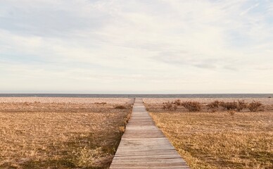 Fototapeta premium Wooden Path Leading to the Beach at Sunset, Capturing the Warm Glow of the Evening.