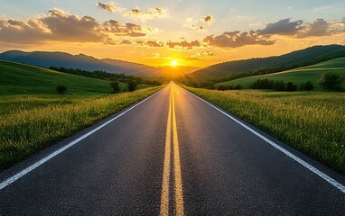 Scenic highway vanishing into a vibrant sunset over rolling hills and green fields.