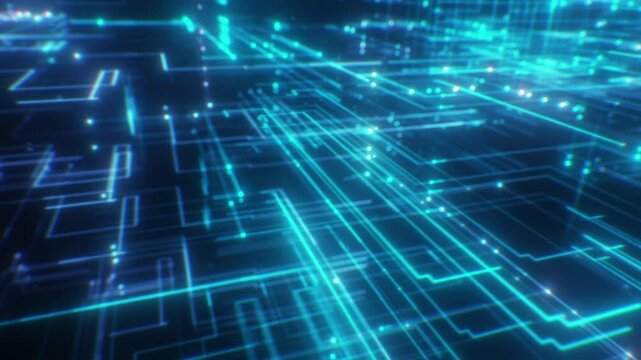 Crypto Network Grid Blue Lines Growing 3d Animation. Moving Inside CPU Structure Abstract Flight Illustration. Inside Processor Information Digital Space Background. Business Technology Concept 4k.