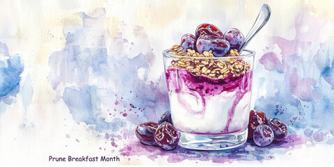 Prune Breakfast Month watercolor illustration with a layered yogurt parfait featuring granola, prune compote, and fresh prunes.