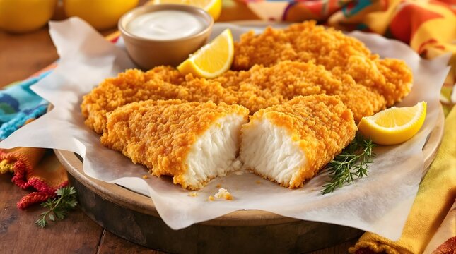 Egli Filets Breaded Perch Fillets Served with Lemon Wedges and Sauce (Swiss Cuisine)