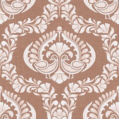 Seamless pattern with floral peacocks in the pantone colour of the year Mocha Mousse. This can be used for printing on various surfaces like home textiles, fabrics, wallpapers, paper, digital etc. 
