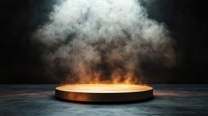 A mesmerizing scene of an illuminated bronze stage surrounded by ethereal smoke plumes that create an otherworldly and captivating ambiance full of artistic flair.
