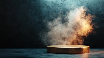 An artistic depiction with a bronze platform surrounded by dynamic smoke effects, creating a captivating composition that evokes emotion and a sense of wonder.