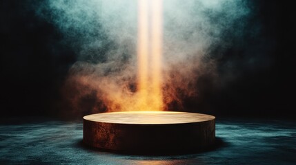 A mystical, round platform shrouded in swirling mist and illuminated by contrasting golden-orange and cool blue lighting, creating a captivating visual effect.