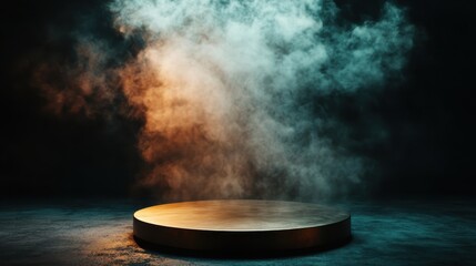 A round stage enveloped in dynamic swirling smoke, highlighted by contrasting cool blue and warm orange lights, creating a stage for imagination and creativity.