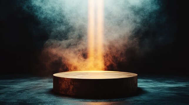 A mystical, round platform shrouded in swirling mist and illuminated by contrasting golden-orange and cool blue lighting, creating a captivating visual effect.