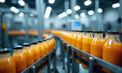 Industrial bottling plant production line orange juice bottles