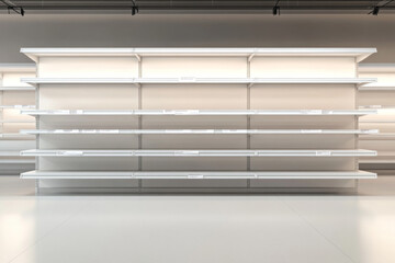 mockup of empty retail shelves with wobblers and shelf talkers.