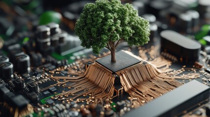 A symbolic tree flourishes from within a tech device, its web of roots extending into the circuitry, signifying a blend of natural growth with digital progress.