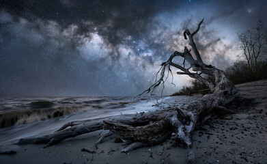 Obraz premium Captivating nightscape of a fallen tree on the beach, framed by the Milky Way galaxy and starry sky