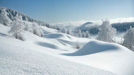 A snowy landscape with deep snow covering the ground, creating smooth, untouched drifts