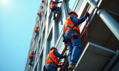 Construction workers high rise building safety harnesses orange