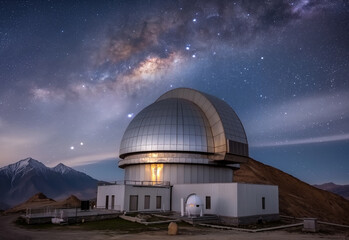 Obraz premium Shiny Astronomy Observatory in Hanle, Ladakh, India With Crisp Milky Way Galaxy in Night Sky