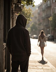 Hooded figure hiding in shadow near a brick wall while a woman walks down a sunny street. Dramatic urban scene depicting stalking awareness. Advocacy concept for National Stalking Awareness Month.