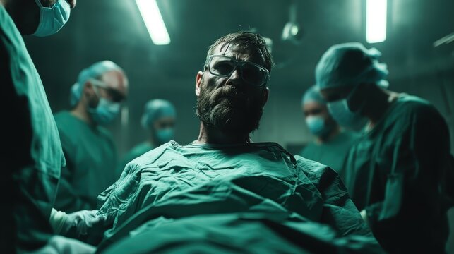 A surgeon is pictured in an operating room, wearing a mask and eyeglasses, surrounded by a team, exemplifying concentration and precision in medical work. - Powered by Adobe