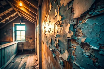 Peeling Paint Texture, Dim Attic Wall, Grunge Background, Vintage Wallpaper, Distressed Surface, Close Up Photography