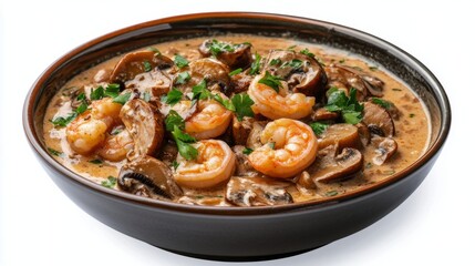 Fototapeta premium Creamy shrimp and mushroom dish presented in a white bowl with fresh herbs on top, showcasing a delicious