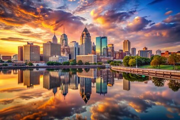 Obraz premium Philadelphia Skyline Silhouette Panoramic Illustration - Reflective Cityscape at Night