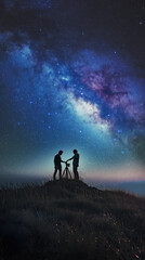 A photographer couple holding hands on a grassy hill with a camera tripod under the Milky Way and starry sky