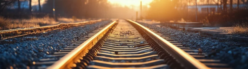 Selbstklebende Fototapeten Golden sunset illuminates quiet railway tracks in a serene landscape surrounded by grass and trees during early © olegganko