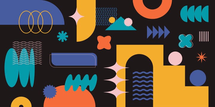 Abstract retro shapes composition, frames and symbols, basic brutal forms and figures in Y2K aesthetics, vintage stickers, logos, labels. Decorative design elements, vector illustration.