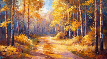 Fototapeta premium A tranquil illustration of a sunlit landscape, with warm colors and a panoramic view.