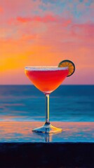 Serene Sunset Sip Minimalist Margarita Cocktail on Lounge Table with Beachside Sunset Background for Relaxing Evening Vibe