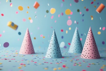 Colorful party hats and confetti creating a festive atmosphere on a bright blue background during a celebration