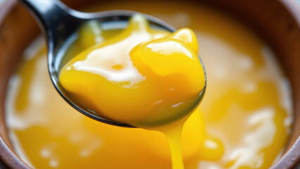 A spoon filled with melted yellow cheese being poured into a bowl.