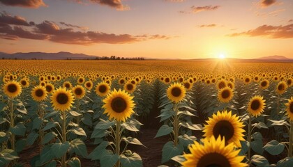 Fototapeta premium beautiful sunflower field at sunset golden hues , landscape, flowers, yellow