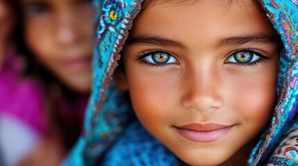 Obraz premium A charming young girl with mesmerizing blue eyes and a colorful scarf, radiating joy and innocence in an enchanting outdoor setting filled with warm sunlight.