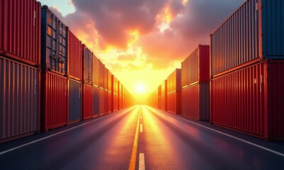 Shipping container yard vibrant colors sunset sky golden