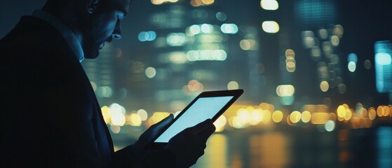 Businessman typing on tablet with city skyline bokeh view at night