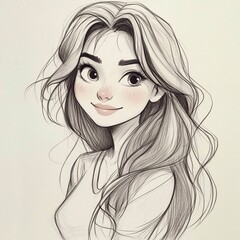 Fototapeta premium portrait of a cute girl with big eyes and loose hair on a white background, cartoon pencil sketch