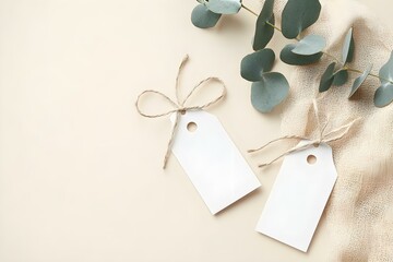 White Gift Tags Mockup with Eucalyptus Branch on Beige Background