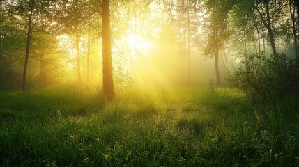 Obraz premium The misty spring forest looks beautiful in the morning sun.