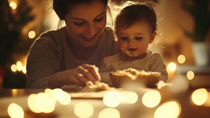 Joyful baking moments mother and child in a cozy kitchen soft bokeh lights family bonding
