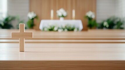 Wooden cross on church pew, altar in background.