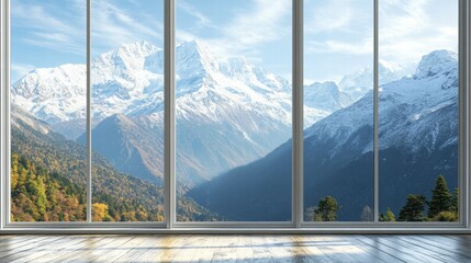 Stunning mountain view from large window in scenic landscape tranquil environment serene perspective