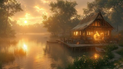 Fototapeta premium Serene riverside cottage at sunset with tranquil reflections.