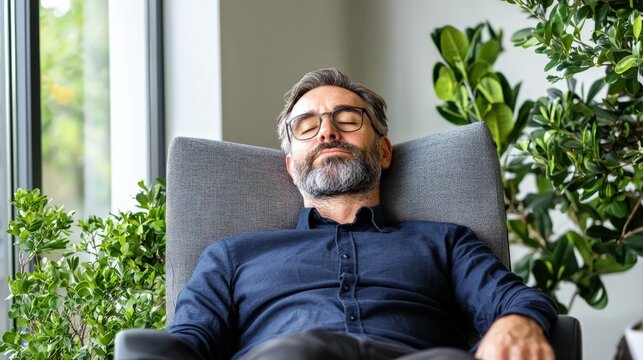 Relaxed man napping in armchair.