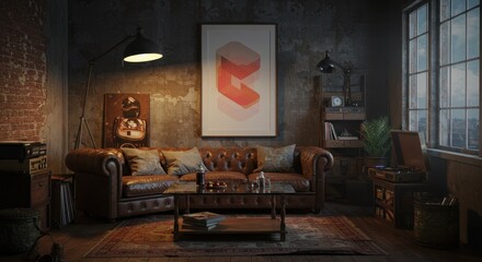 Vintage Apartment Interior, Leather Sofa, Geometric Art, and Warm Lighting Enhance a Retro Living Room, Creating a Cozy Atmosphere.