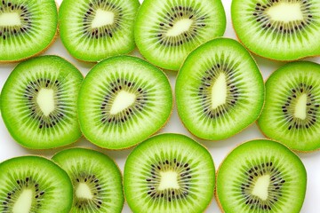 A Close-Up View of Sliced Kiwifruits Arranged on a White Background